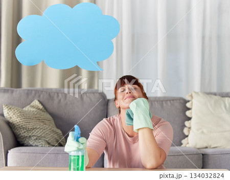 Woman, housekeeping and thinking with speech bubble dreaming or wondering with detergent in living room at home. Happy thoughtful female cleaner contemplating social media for cleaning and hygiene 134032824