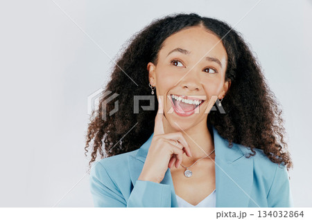 Woman, thinking and excited with idea in studio with face emoji. Female, business person and happy emotion with hand to think, planning or for mockup space choice isolated on a white background 134032864