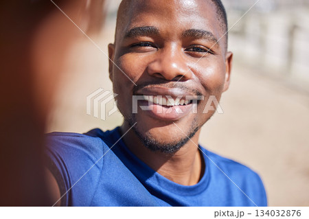 Selfie, fitness and smile with portrait of black man for running, wellness and happiness. Social media, influencer and photography with male jogger in outdoors for picture, exercise and training 134032876