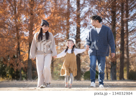秋の公園で遊ぶ家族 お出かけやレジャーのイメージの手を繋ぐジャンプで高い高い 134032984