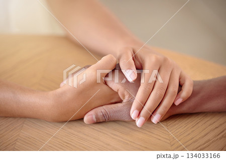 Support, empathy and compassion with people holding hands for hope, trust and kindness. Mental health, understanding and faith with friends in unity for solidarity, emotional and comforting 134033166