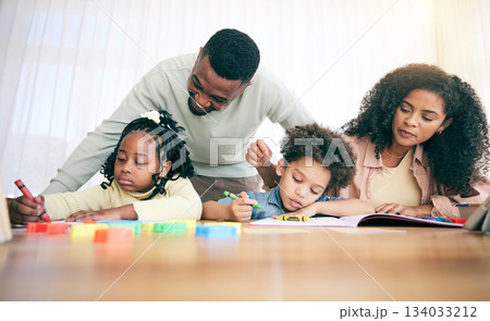 Learning, writing and parents with children with homework, school activity and learning at home desk. Black family, education and mom, dad and kids with paper, drawing and crayon for teaching lesson Learning, writing and parents with children with homework, school activity and learning at home desk. Black family, education and mom, dad and kids with paper, drawing and crayon for teaching lesson 134033212