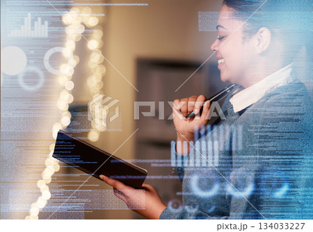 Night, hologram and woman with notebook, planning and overlay with finance, futuristic ideas and smile. Female employee, worker and entrepreneur writing, holographic and analysis for growth in office Night, hologram and woman with notebook, planning and overlay with finance, futuristic ideas and smile. Female employee, worker and entrepreneur writing, holographic and analysis for growth in office 134033227