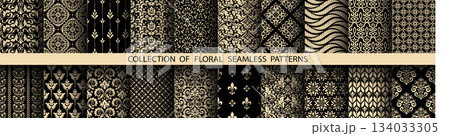 Geometric floral set of seamless patterns. Golden and black vector backgrounds. Damask graphic ornaments 134033305