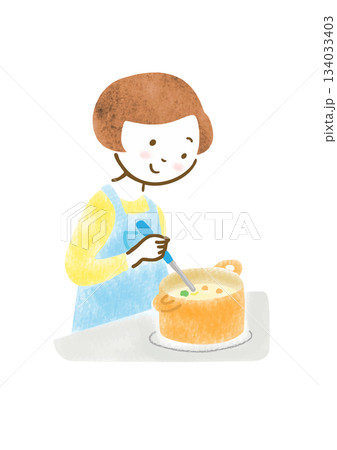 料理をするエプロン姿の女性のイラスト 134033403