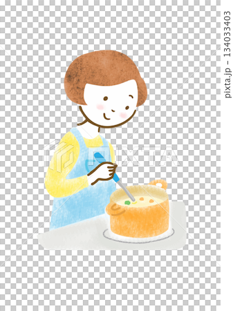 Illustration of a woman in an apron cooking 134033403