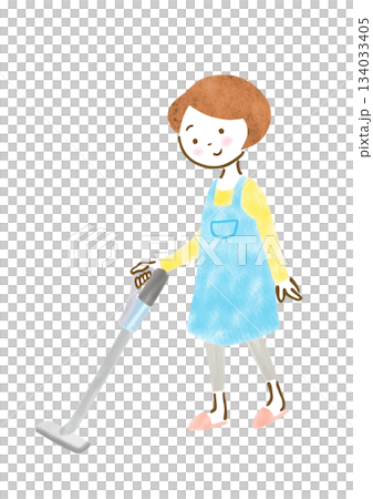 Illustration of a woman in an apron vacuuming 134033405