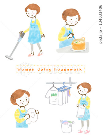 家事をするエプロン姿の女性のイラストセット 134033406