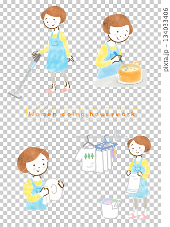 Illustration set of a woman in an apron doing housework 134033406