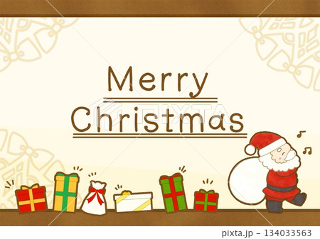 サンタクロースとプレゼントがたくさん並ぶクリスマスのイラスト～文字有り~ 134033563
