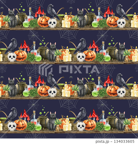 Halloween mood witchcraft ingredients seamless pattern festive decoration. Vintage style watercolor illustration. Hand drawn cauldron, potion bottle, cat, raven, scull, pumpkins on dark background Halloween mood witchcraft ingredients seamless pattern festive decoration. Vintage style watercolor illustration. Hand drawn cauldron, potion bottle, cat, raven, scull, pumpkins on dark background 134033605