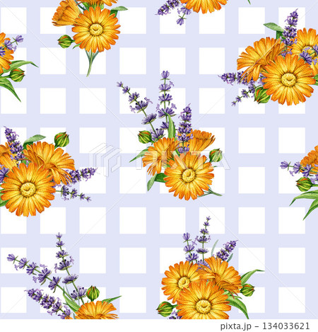 Calendula and lavender flowers seamless pattern watercolor vintage illustration. Hand drawn fresh calendula flowers mixed with lavender stems bright floral decor element on check pattern background. 134033621