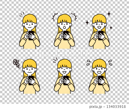 Vector illustration set of teenage women and female students with various facial expressions operating smartphones 134033918