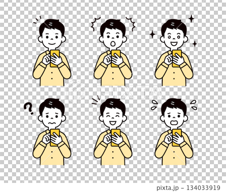 Vector illustration material set of young men and office workers with various facial expressions operating smartphones 134033919