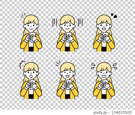 Vector illustration material set of young women and housewives with various facial expressions operating smartphones 134033920