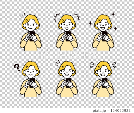 スマートフォンを操作する、いろいろな表情のシニア世代の女性・祖母のベクターイラスト素材セット 134033922