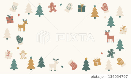 かわいい手描きのくすみカラー北欧クリスマスフレーム背景 134034797