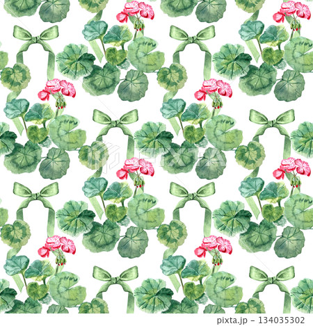 Geranium with pink blossoms and a green ribbon. Hand-painted watercolor seamless pattern isolated on white perfect for garden designs, wrapping paper, textile, invitations, packaging, home decor 134035302