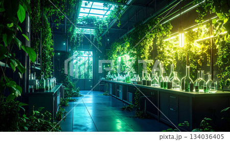 緑の光に包まれた植物研究ラボと試験用フラスコ群 134036405