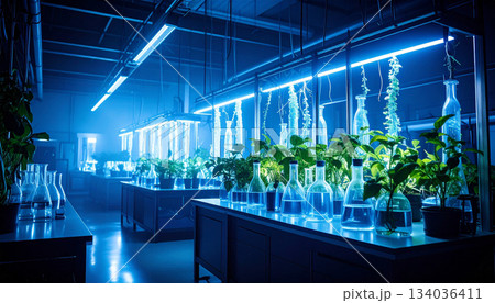 青い光に照らされた実験室で育つ水耕植物たち 134036411