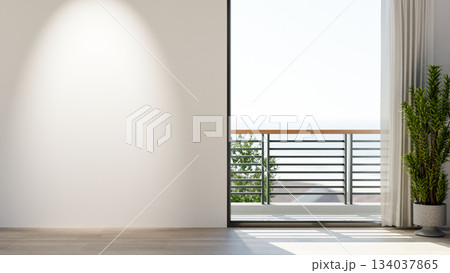 Spotlight on empty white wall along the corridor with potted plant and curtain at balcony entrance. Spotlight on empty white wall along the corridor with potted plant and curtain at balcony entrance. 134037865