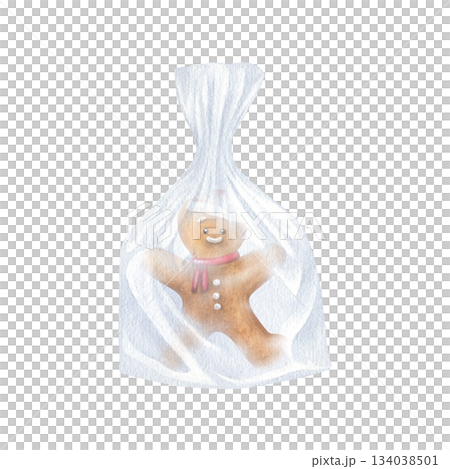 Gingerbread man in a clear plastic bag. Watercolor illustration of a cookie in a package. Hand drawn vintage sketch on white isolated background. Water color painting art image Gingerbread man in a clear plastic bag. Watercolor illustration of a cookie in a package. Hand drawn vintage sketch on white isolated background. Water color painting art image 134038501