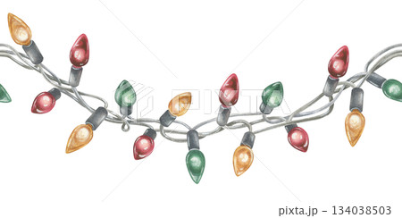 Seamless Border of multicolored Christmas Lights. Watercolor illustration of a garland. Hand drawn vintage holiday decoration on white isolated background. Water color painting art image Seamless Border of multicolored Christmas Lights. Watercolor illustration of a garland. Hand drawn vintage holiday decoration on white isolated background. Water color painting art image 134038503