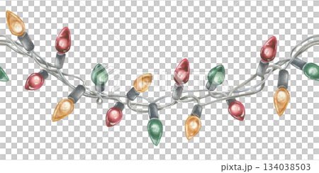 Seamless Border of multicolored Christmas Lights. Watercolor illustration of a garland. Hand drawn vintage holiday decoration on white isolated background. Water color painting art image Seamless Border of multicolored Christmas Lights. Watercolor illustration of a garland. Hand drawn vintage holiday decoration on white isolated background. Water color painting art image 134038503