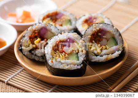 Kimbap or Gimbap, Korean food, Cooked rice with vegetables, egg and wrapped with dried seaweed 134039067