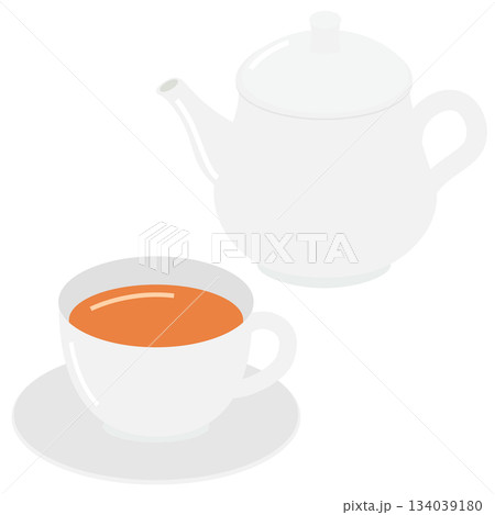 ティーポットと紅茶の入ったティーカップのシンプルなイラスト ティーポットと紅茶の入ったティーカップのシンプルなイラスト 134039180