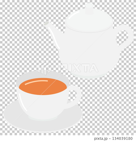 一個簡單的茶壺和茶杯的插圖，裡面裝滿了茶。 134039180
