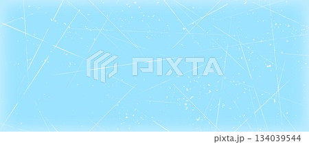 Scratched ice surface texture. Blue icy background with skate traces, cracks, scratches. Frozen lake or pond water wallpaper with dots, spots and lines. Winter sport rink backdrop. Vector illustration 134039544