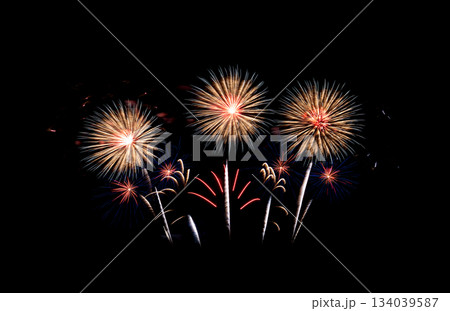 Many flashing colorful fireworks in event amazing with black background. Many flashing colorful fireworks in event amazing with black background. 134039587