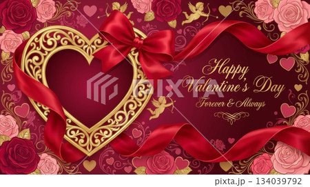 Golden Heart Frame with Red Ribbon 134039792