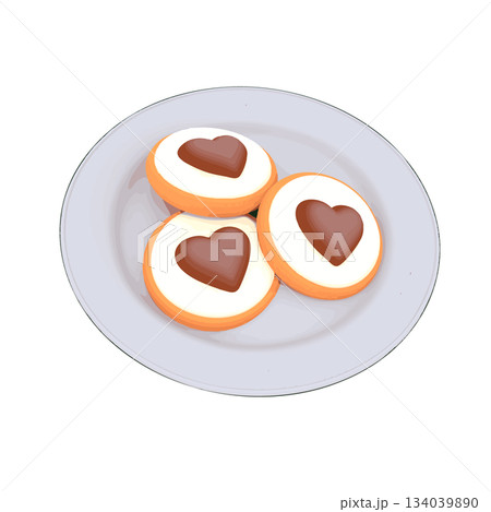 バレンタインデーやホワイトデーのチョコとクリームで飾ったハート型クッキーイラスト 134039890