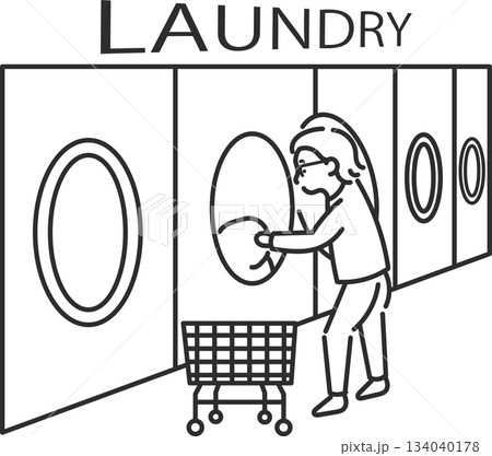 コインランドリーを利用する40代女性のイラスト　線画のみ 134040178