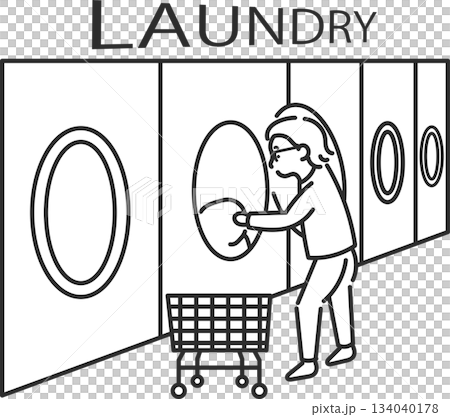 コインランドリーを利用する40代女性のイラスト　線画のみ 134040178