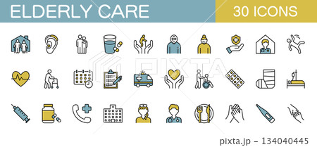 高齢者のお世話や介護　ラインアイコンセット　カラー 134040445