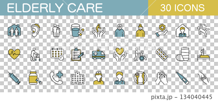 高齢者のお世話や介護　ラインアイコンセット　カラー 134040445