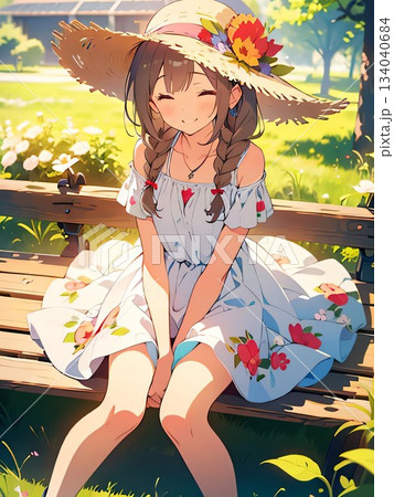 ベンチに座る麦わら帽をかぶった女の子のイラスト 134040684