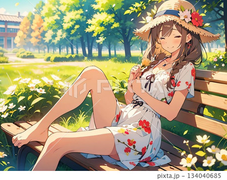 ベンチに座る麦わら帽をかぶった女の子のイラスト 134040685