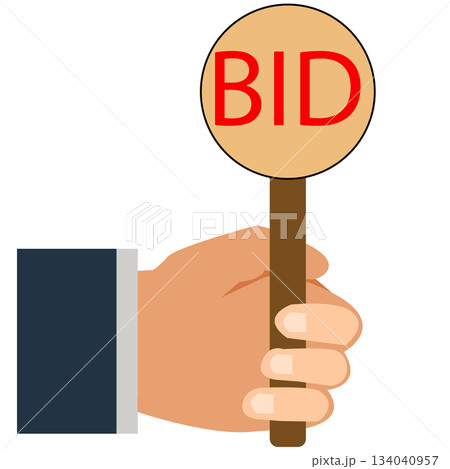 Auction bidding process. Auction bid paddle sign. Hands holding BID paddles. Auction sale and bidding process symbol. flat style. Auction bidding process. Auction bid paddle sign. Hands holding BID paddles. Auction sale and bidding process symbol. flat style. 134040957