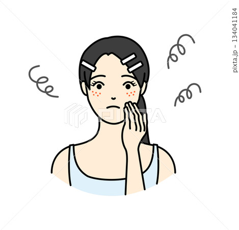 頬にニキビがある肌荒れに悩み顔に手を当てる女性のイラスト 134041184