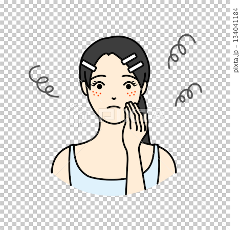 頬にニキビがある肌荒れに悩み顔に手を当てる女性のイラスト 134041184