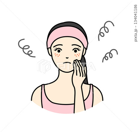 ピンクのタオルターバンを巻いた女性の肌荒れに悩み顔に手を当てる美容のイラスト 134041186