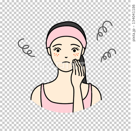 ピンクのタオルターバンを巻いた女性の肌荒れに悩み顔に手を当てる美容のイラスト 134041186