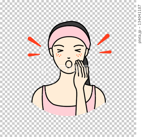 ピンクのタオルターバンを巻いた女性の肌荒れに悩んで叫ぶ美容のイラスト 134041187