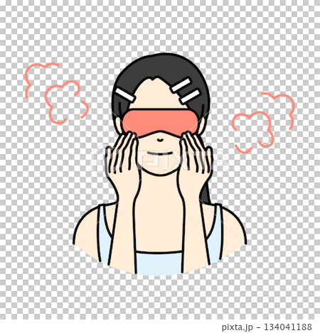 插圖描繪了一位頭髮用髮夾固定住的女士，她正戴著熱眼罩放鬆雙眼。 134041188