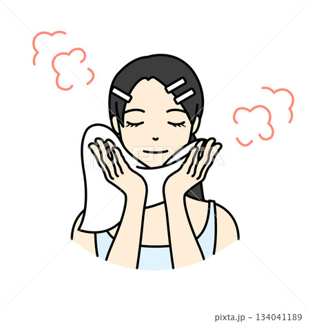 髪をクリップで留めた女性が温かいタオルで蒸しタオル美容をするイラスト 134041189