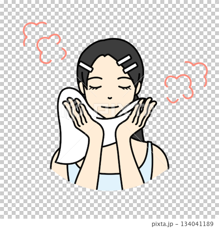 髪をクリップで留めた女性が温かいタオルで蒸しタオル美容をするイラスト 134041189